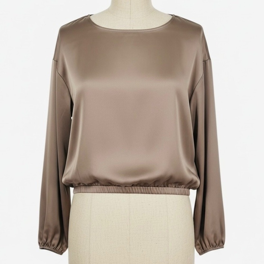 Nicole Miller New York Satin Blouse Taupe Brown Long Sleeve Elastic Hem XL
